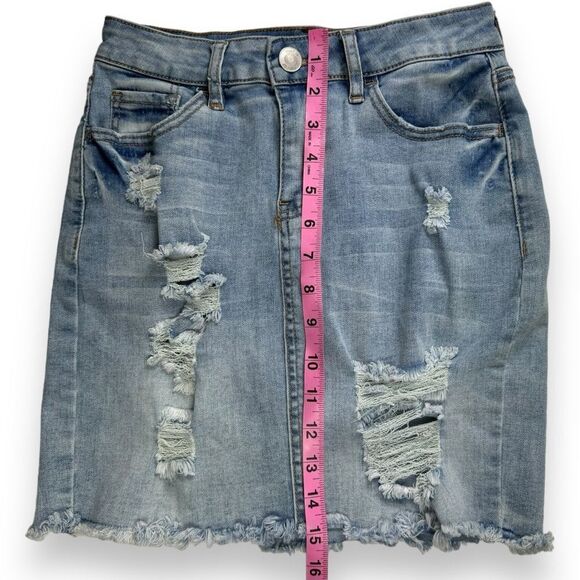 Rue21 Denim Mini Skirt Small S Women’s Jean Distressed Light Wash High Waisted - Picture 11 of 12